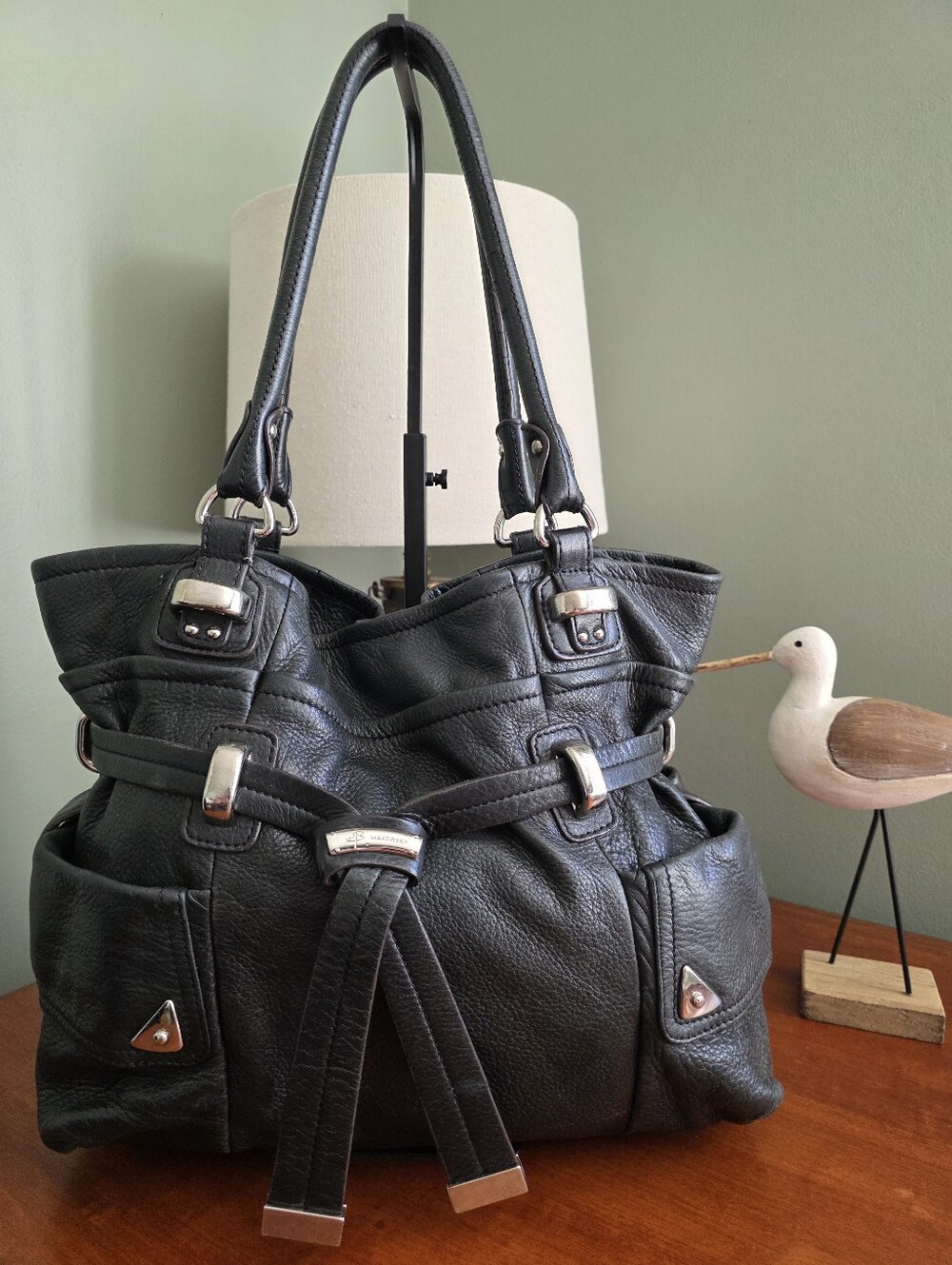 B. Makowsky Large Black Pebbled Leather Slouchy Hobo Shoulder Bag Y2K
